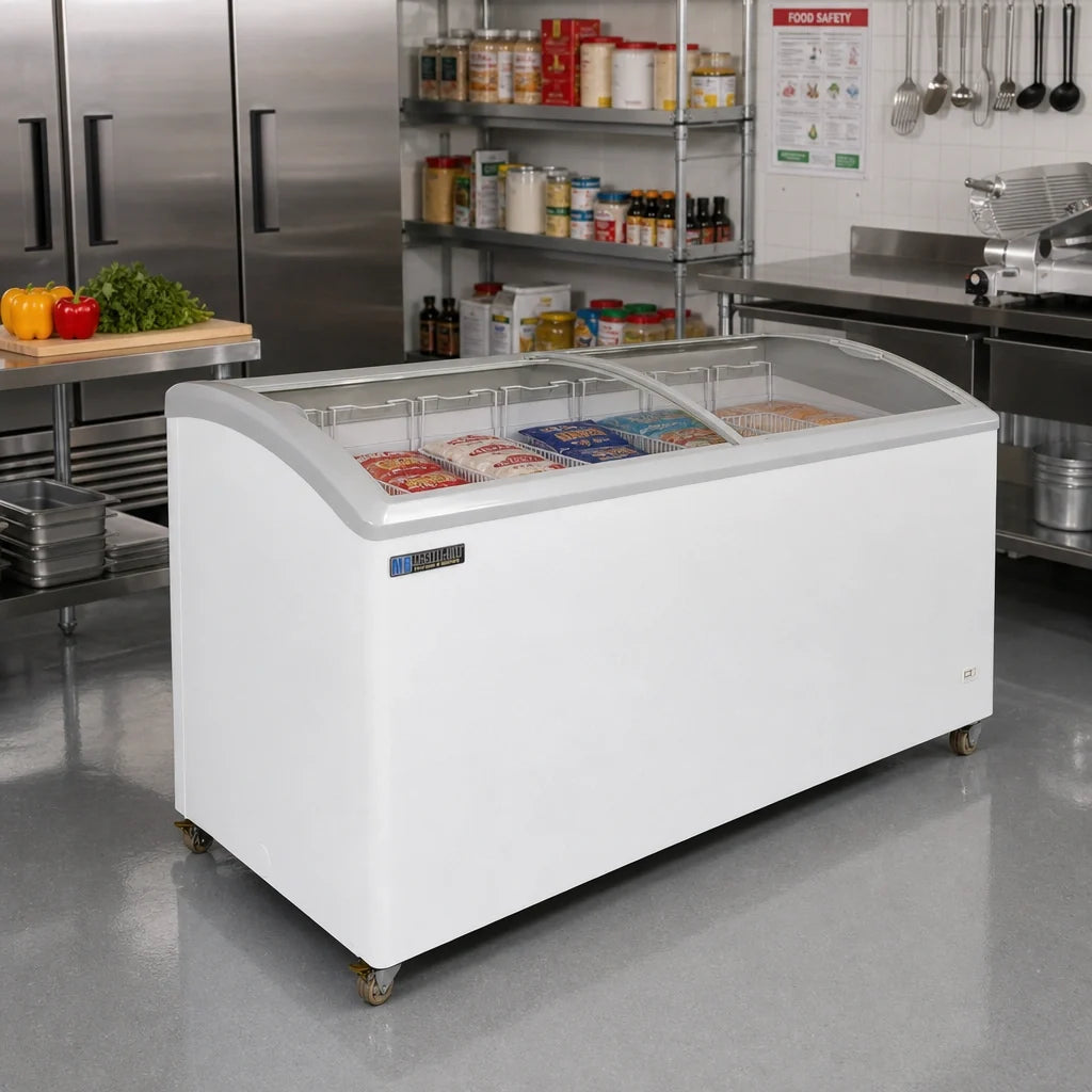 Master-Bilt Products COLDIN-3 MSC-70 Display Chest Freezer, 17.6 Cu. Ft., Curved Glass Sliding Lids, White, R290