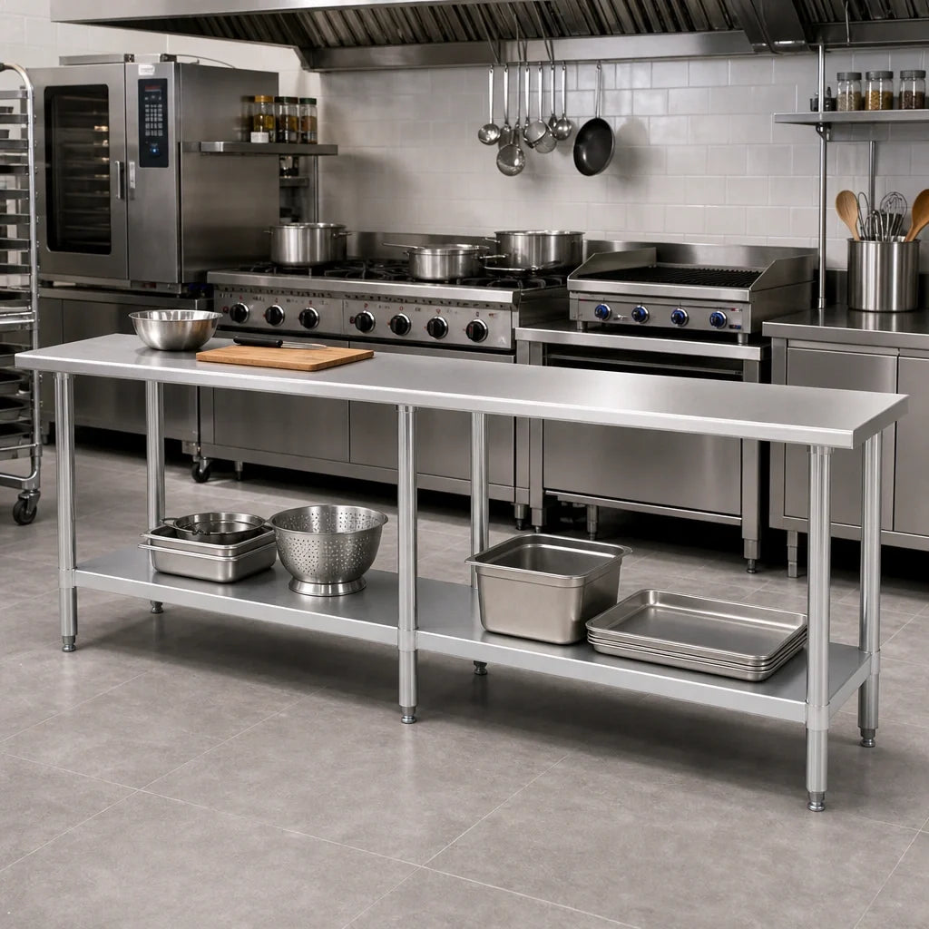 Eagle Group Deluxe T24108EB Stainless Steel Work Table, 108 x 24 in, Open Base, Adjustable Galvanized Undershelf, Flat Top