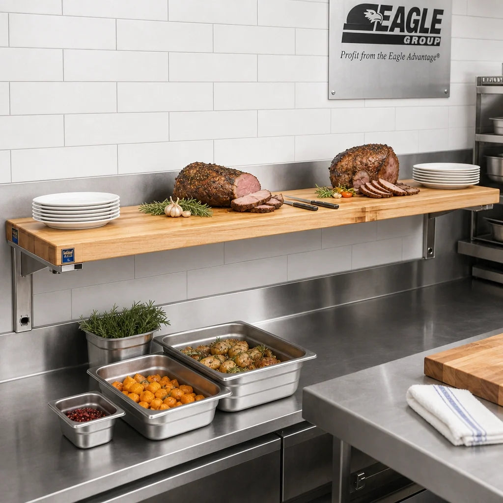 Eagle Group WB-DB-HT3 Hardwood Carving Station Cutting Board with Drop Brackets, 48" W x 8" D x 1-1/4" Thick