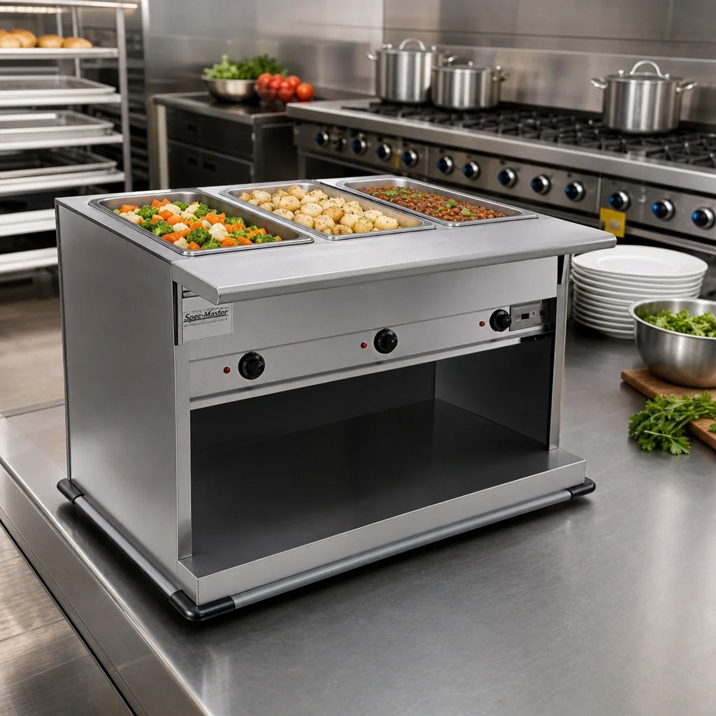 Eagle Group Spec-Master PHT3OB-120 3-Pan Mobile Electric Hot Food Table, Open Well, Wet/Dry, Stainless Steel
