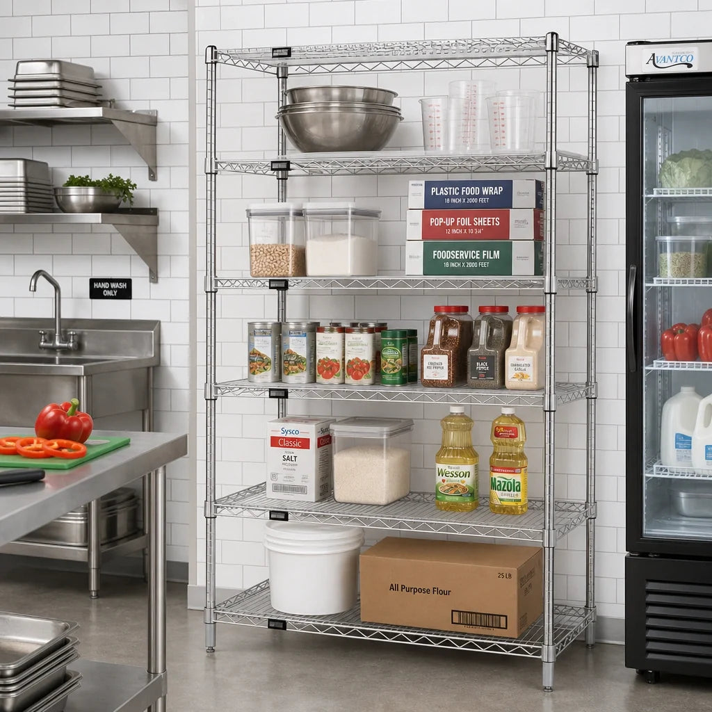 Quantum WR86-1842C-5 Stationary Wire Shelving Starter Unit, 42"W x 18"D x 86"H, 5 Shelves, Chrome Finish