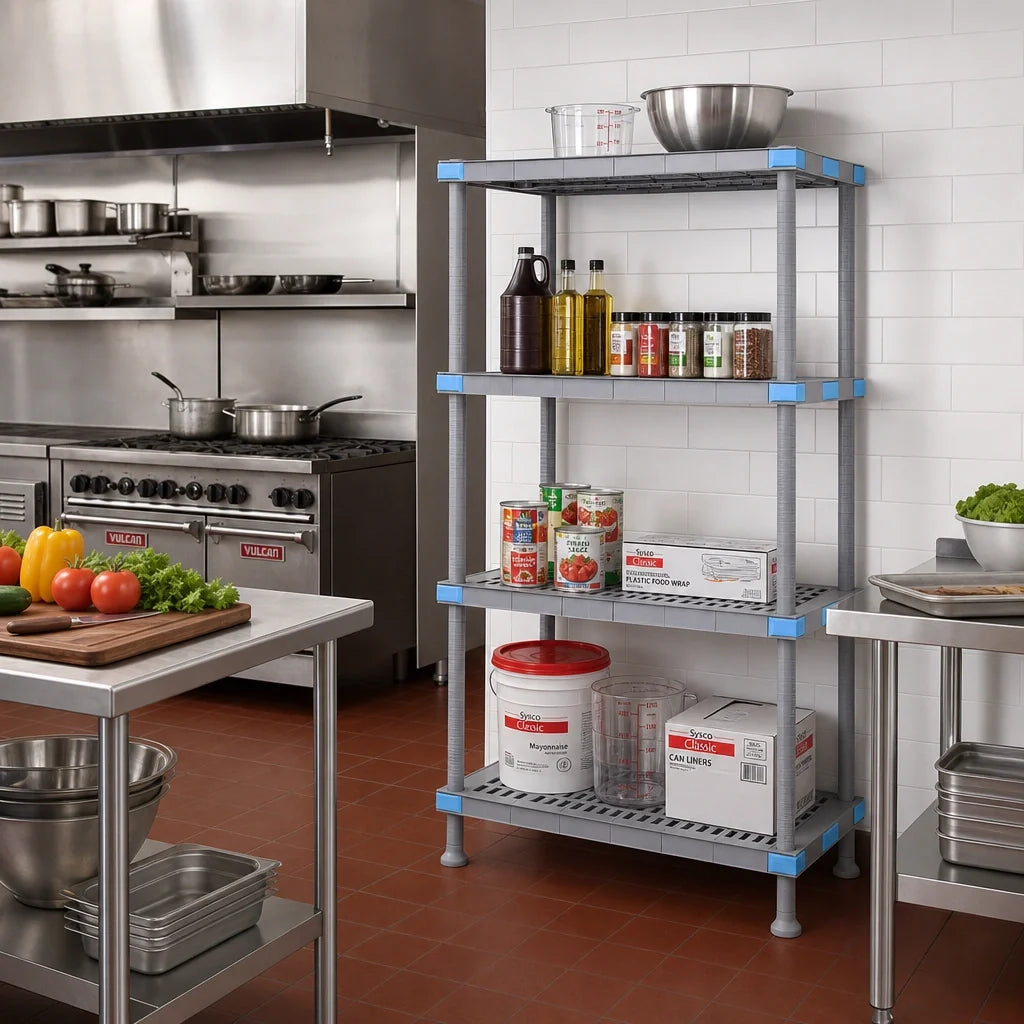 Quantum Millenia QP212462VS-4 24"W x 21"D x 62"H Gray Polymer Starter Shelving Unit with 4 Open-Grid Shelves