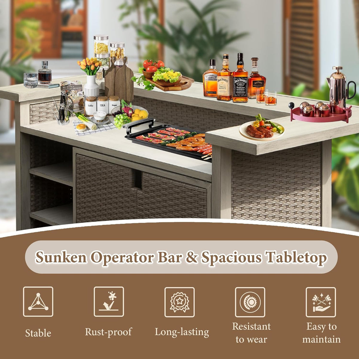 Patio Bar Table with Cabinet Storage