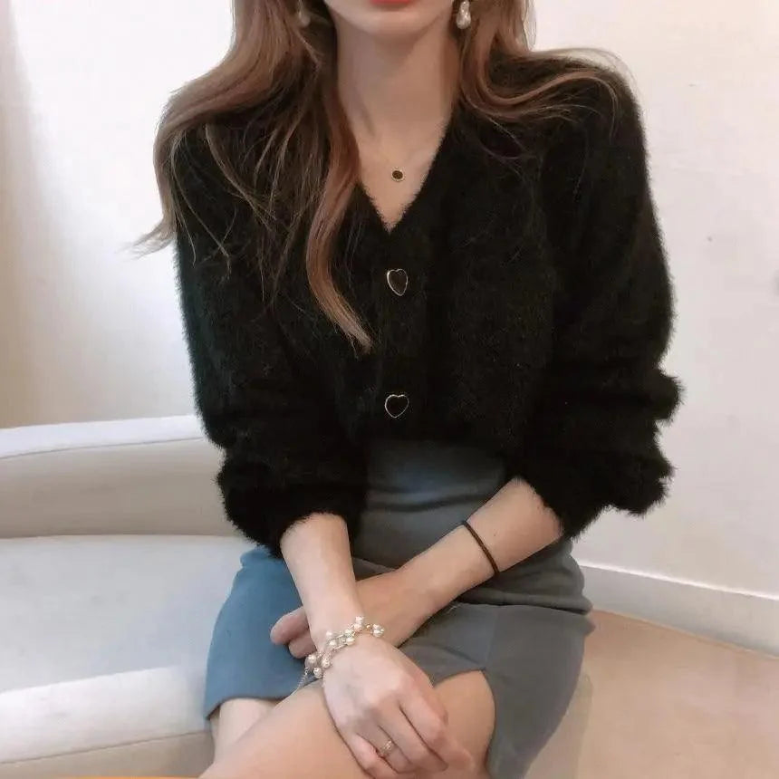 Cute Kitty Chic Fashionable V-Neck Single Breasted Mink Short Knitted Sweaters Outerwear For Women Autumn Long Sleeve Sweater Coat