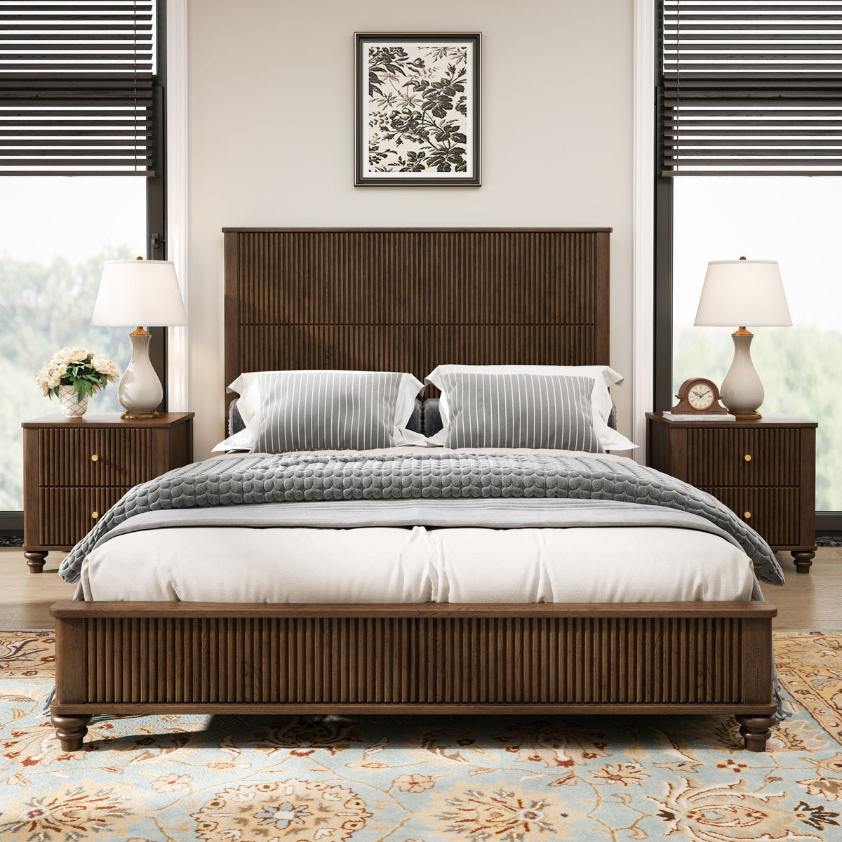 Platform Bed Frame with Tall Headboard - Solid Wood, Queen & King Sizes