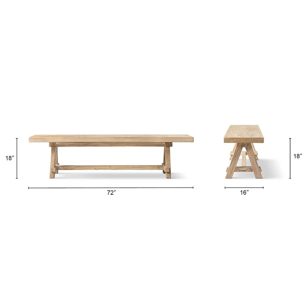 Natural Dining Bench with Pillar Base - Solid Reclaimed Elm