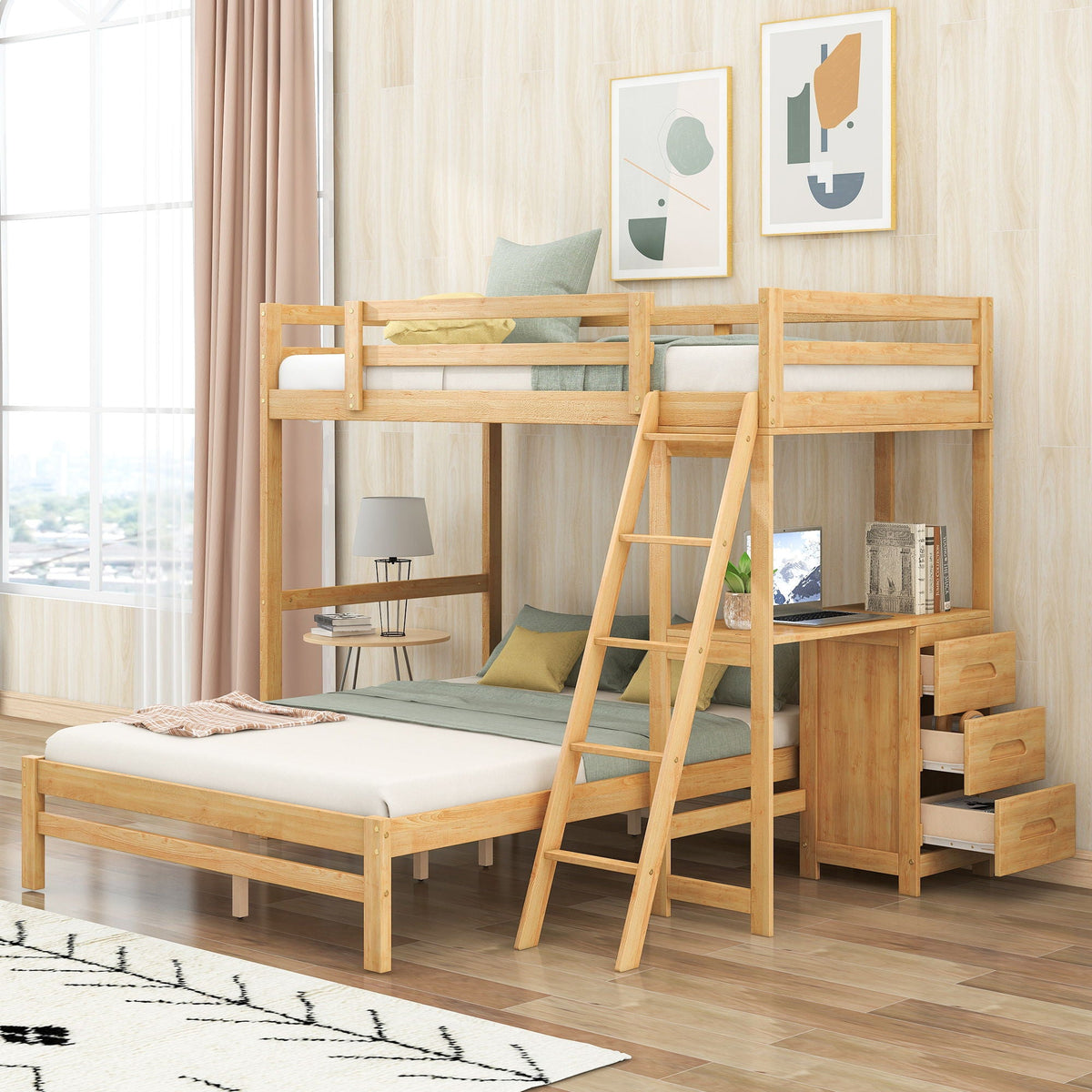 Bunk Bed with Built-In Desk and 3 Drawers - Twin over Full