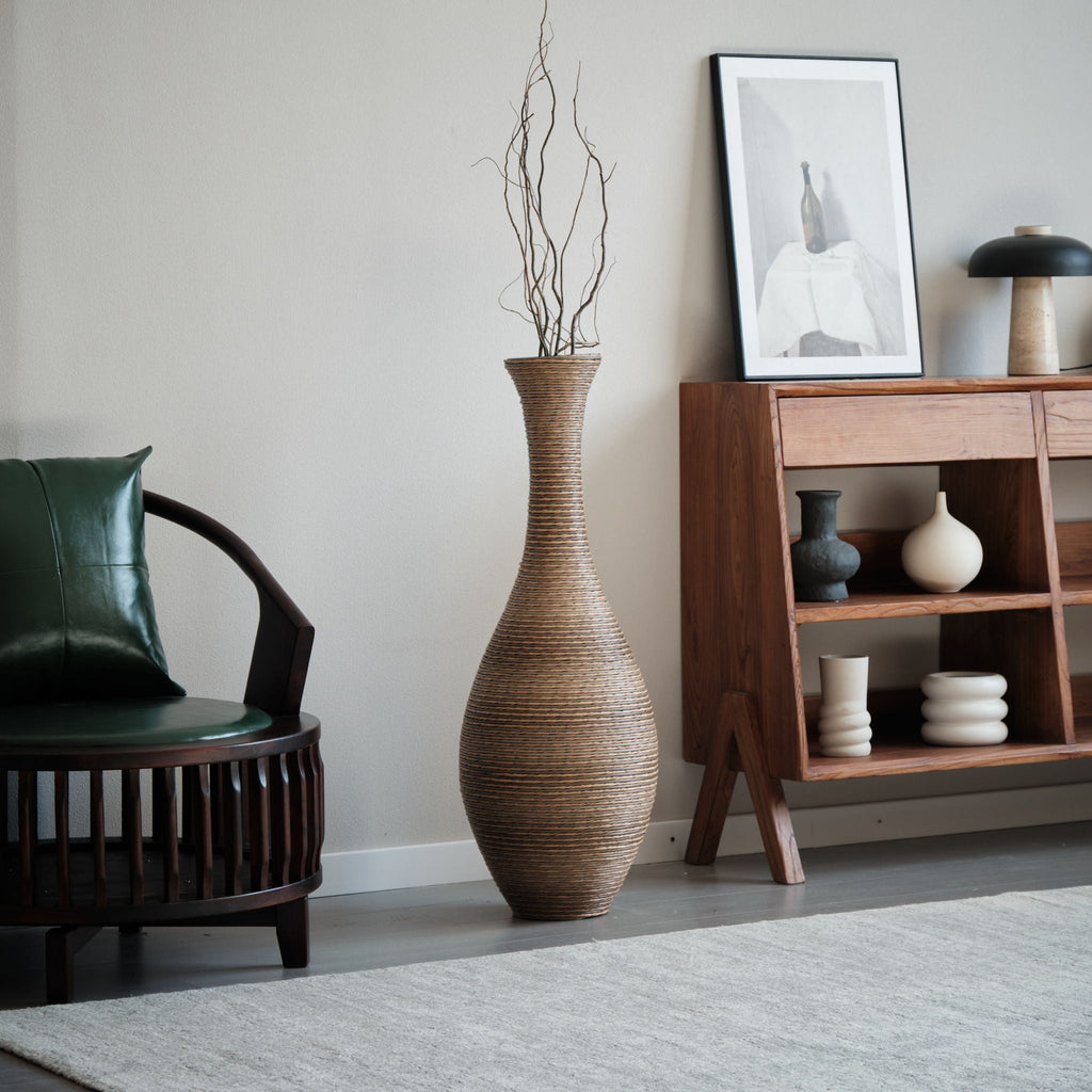 Tall Artificial Rattan Floor Vase with Artistic Design - Beige / Gray