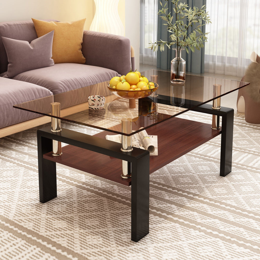 Modern Rectangular Coffee Table with Tempered Glass Top - White or Dark Brown