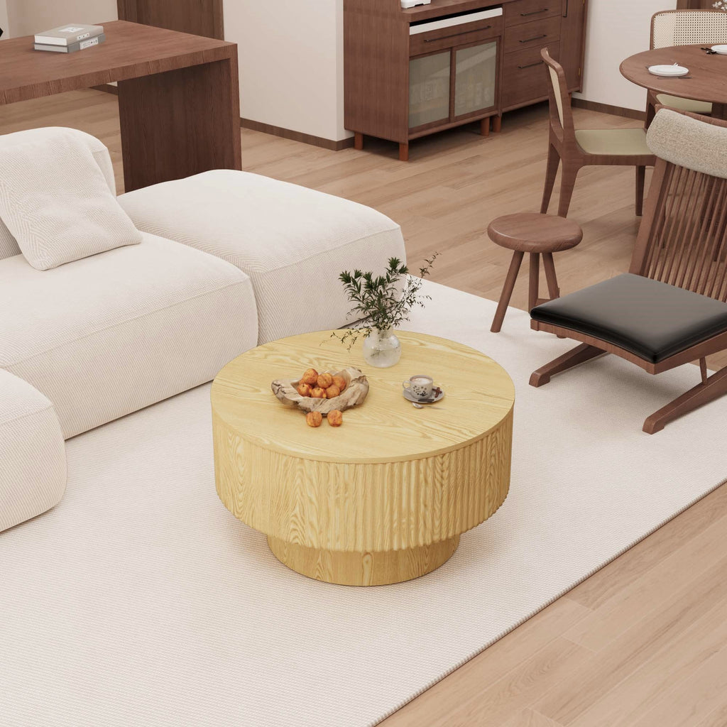Modern Circular Coffee Table with Stripe Design and Storage Space - Light Brown or Dark Brown