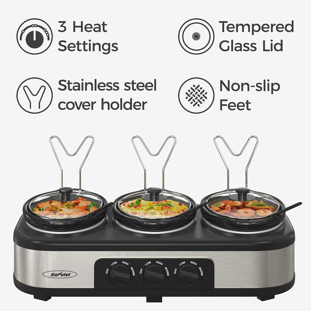 Triple Slow Cooker & Food Warmer with Removable Ceramic Pots - Stainless Steel