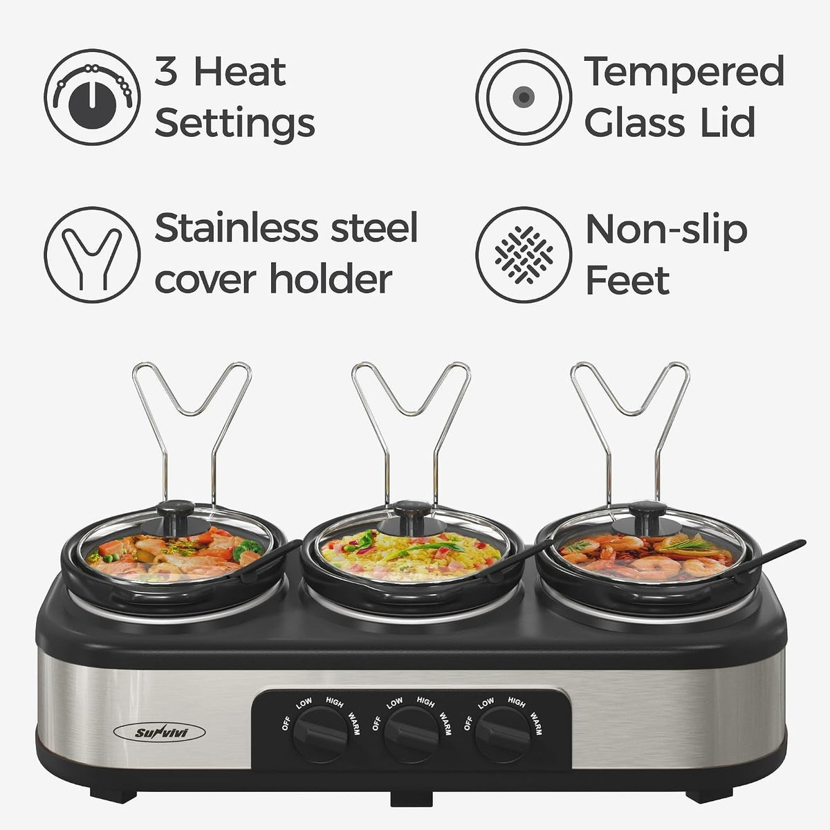 Triple Slow Cooker & Food Warmer with Removable Ceramic Pots - Stainless Steel