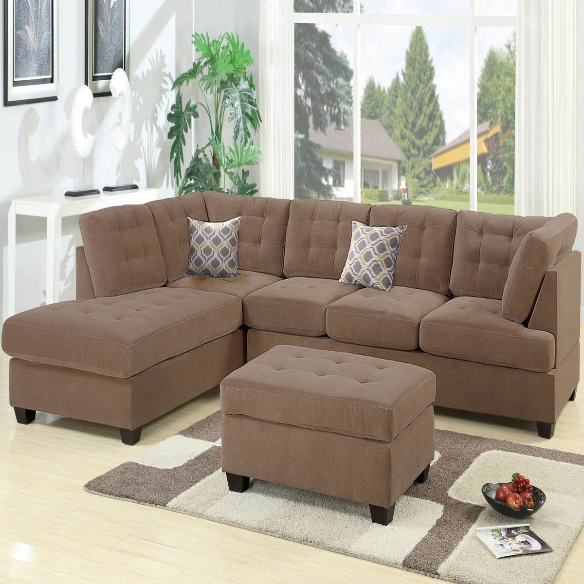 Truffle Waffle Suede Sectional Sofa with Tufted Cushions and Reversible Chaise - Neutral