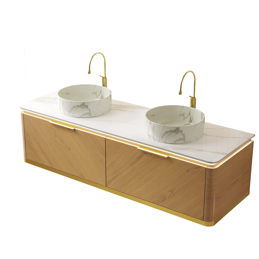 60" Bathroom Vanity with Sintered Stone Top and Ceramic Sinks - Dark Walnut
