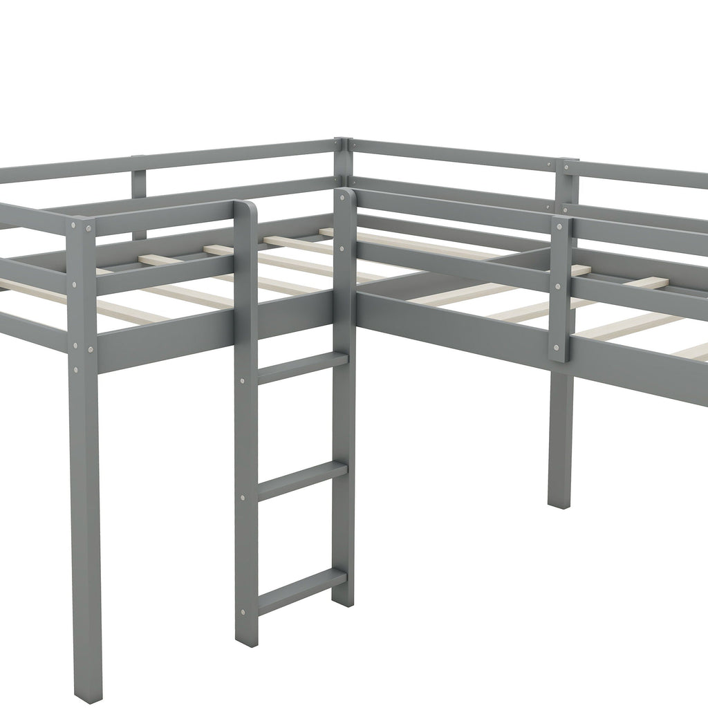 L Shaped Loft Bed with Slide and Ladder - Twin Size, Solid Wood - White or Dark Gray
