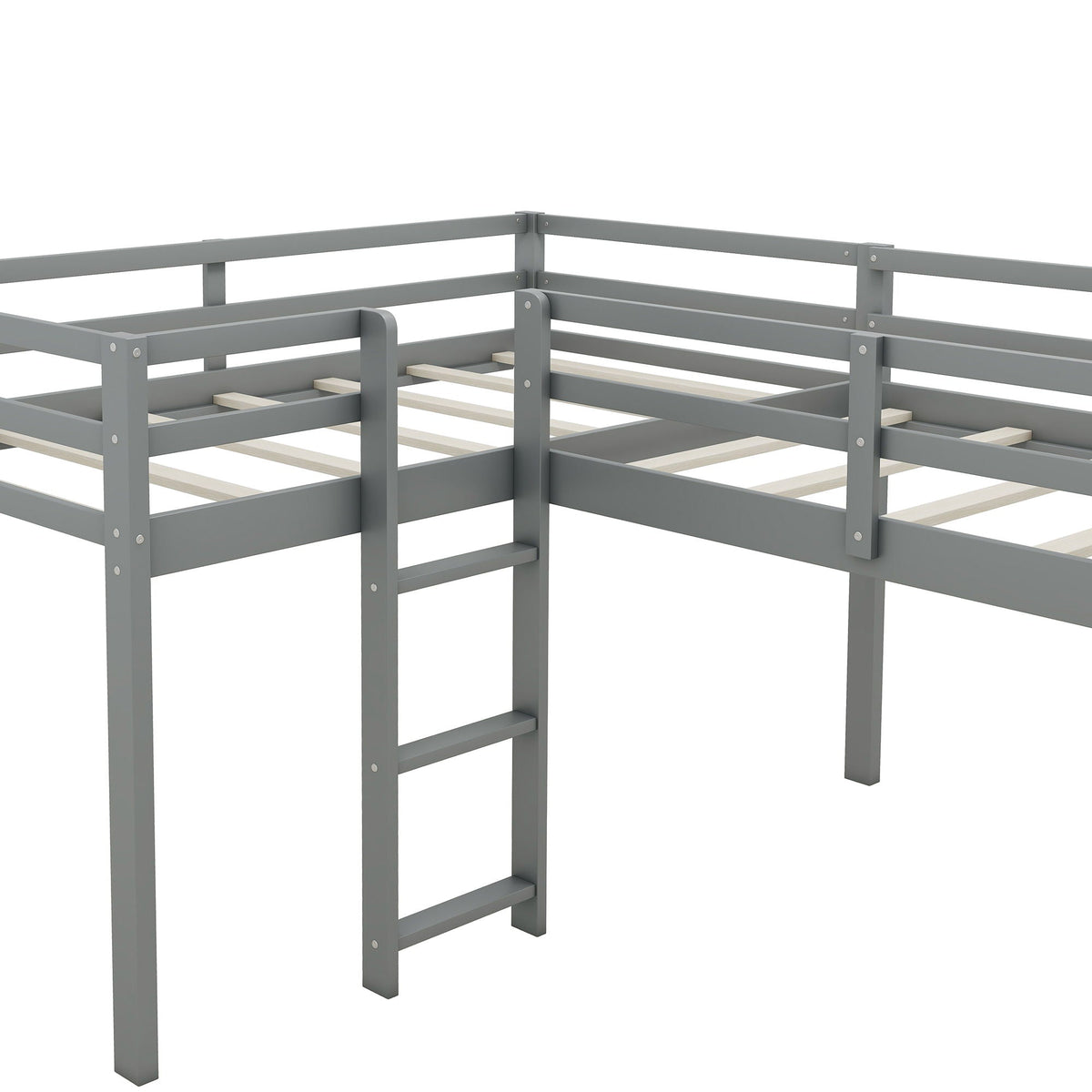 L Shaped Loft Bed with Slide and Ladder - Twin Size, Solid Wood - White or Dark Gray