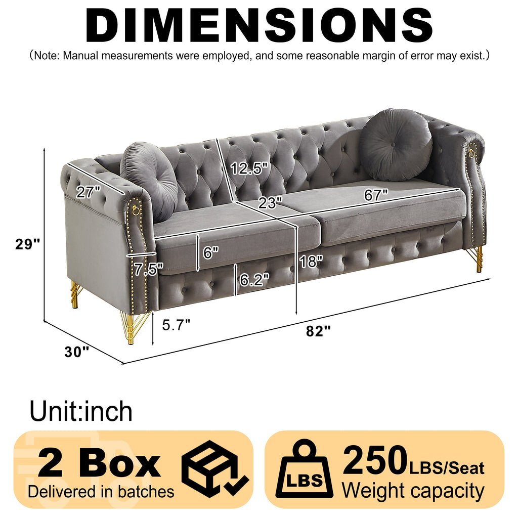 82-Inch Velvet Chesterfield Sofa with Gold Accents - Velvet