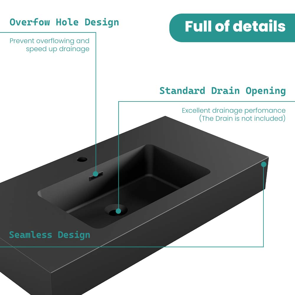 Matte Black Integrated Solid Surface Basin with Built-in Overflow - Matt Black