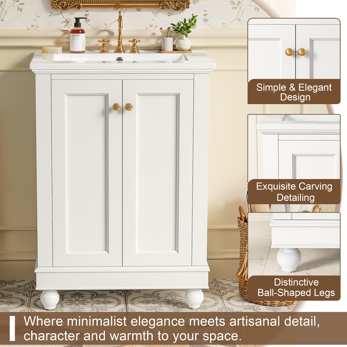 24 Inch Modern Bathroom Vanity Cabinet with Ceramic Sink - White, Blue, Green
