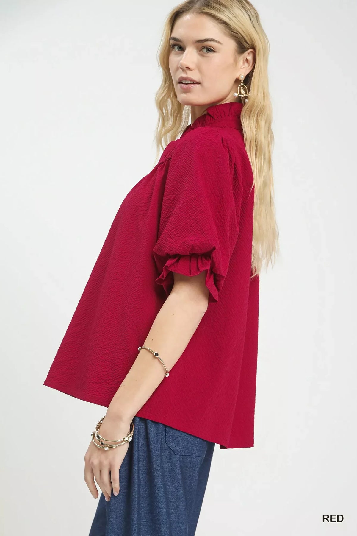 Umgee Textured Smocked Yoke Split-Neck Top