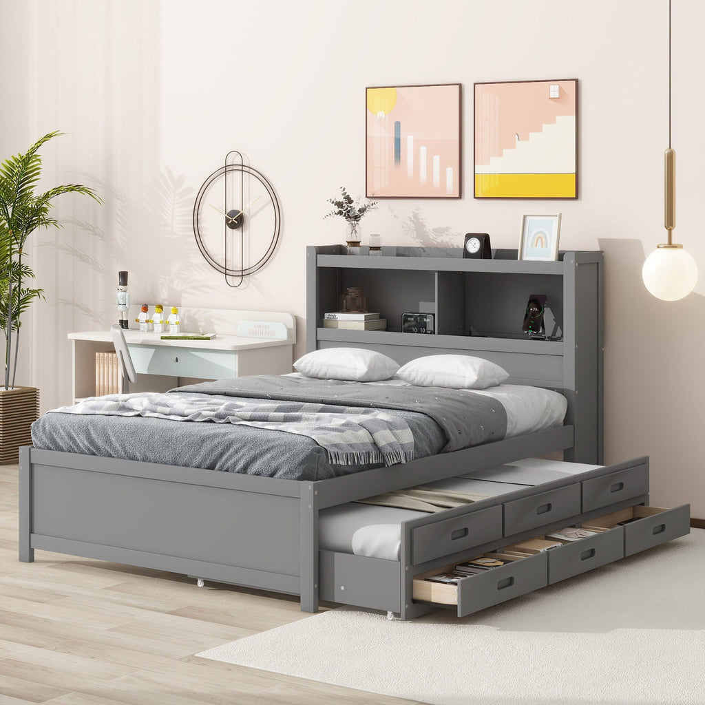 Full Size Platform Trundle Bed with Drawers and USB Ports - Gray