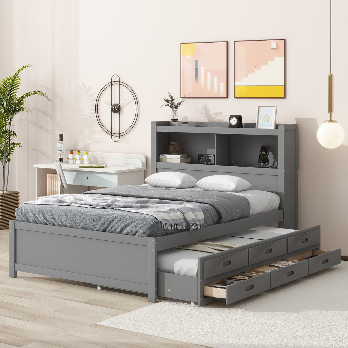 Full Size Platform Trundle Bed with Drawers and USB Ports - Gray