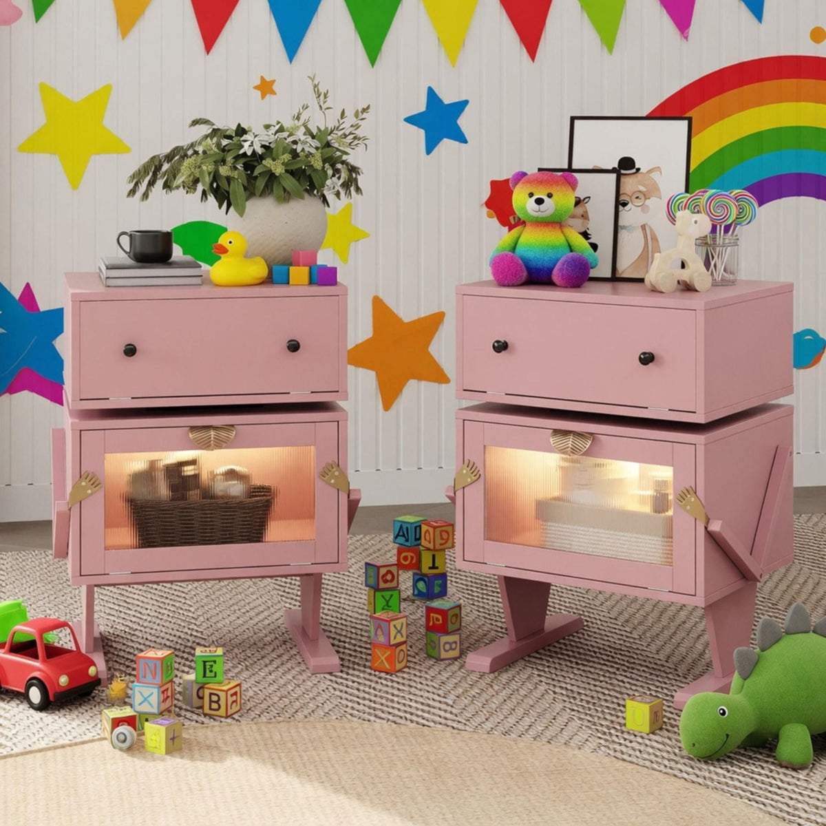 Robot LED Nightstand with 360° Rotating Drawer - White, Pink, or Green