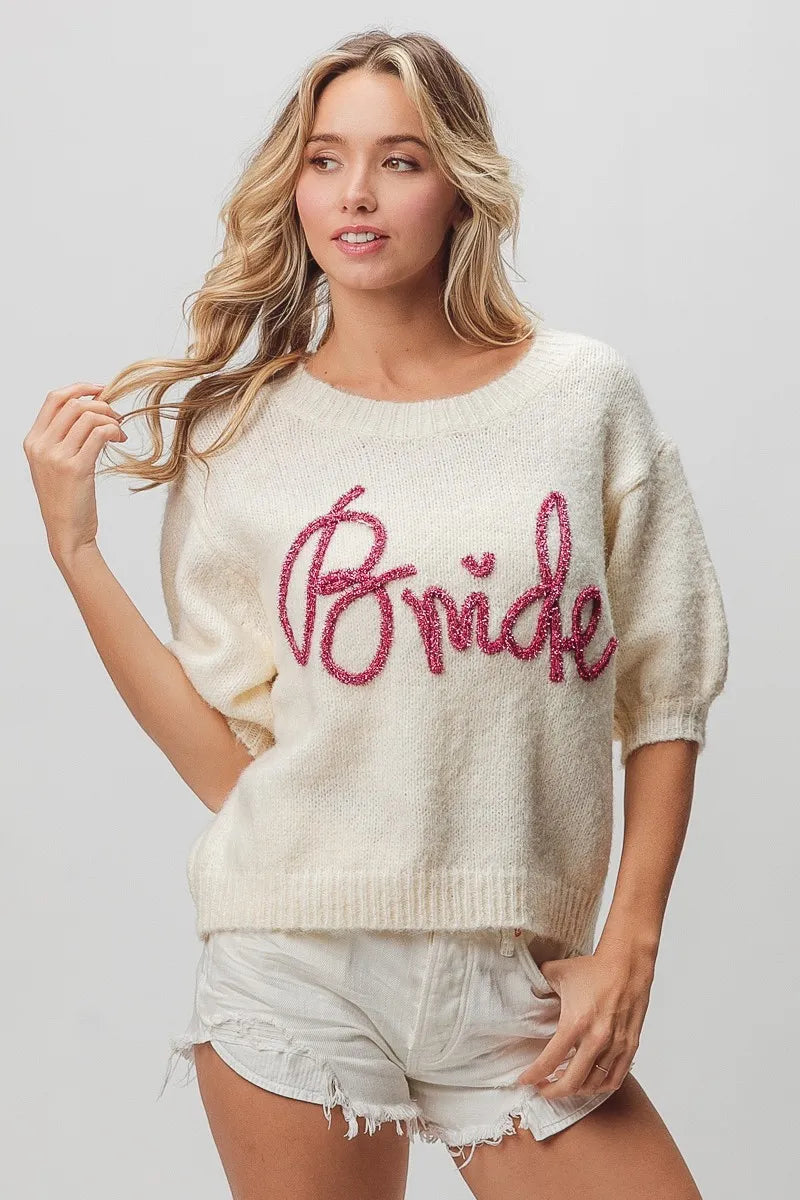 BiBi Metallic Letter Short Puff Sleeve Hairy Sweater