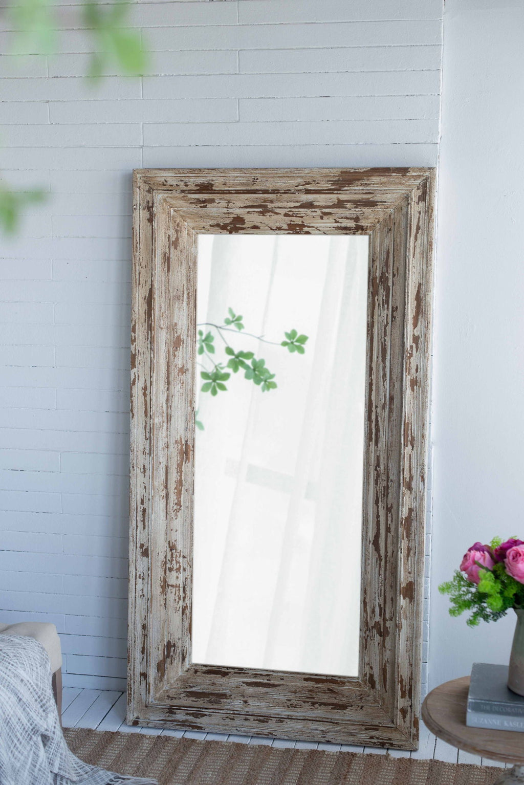 Full Length Rectangle Floor Mirror with Distressed Wood Frame - Brown