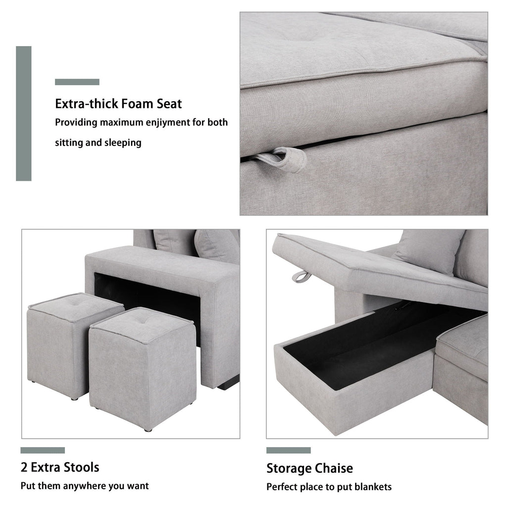 Reversible L-Shape Sleeper Sectional Sofa with Storage Chaise and 2 Stools - Multiple Colors