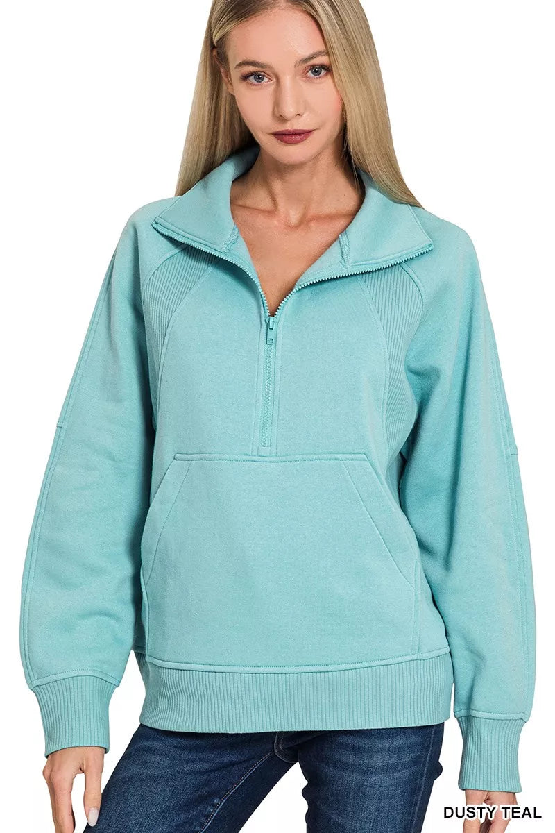 Zenana Half Zip Fleece Sweatshirt with kangaroo Pocket