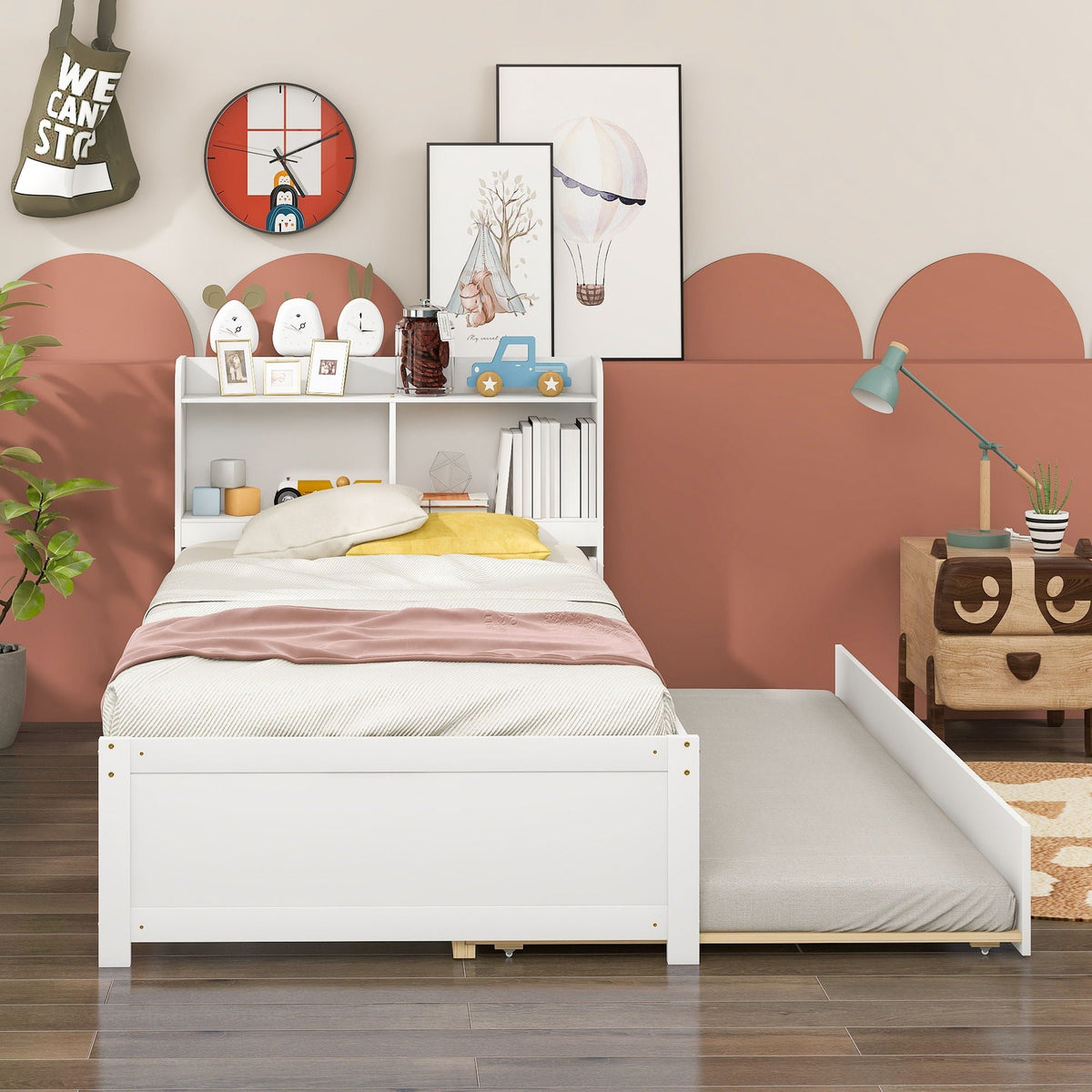 Twin Bed With Trundle and Bookcase Headboard - Wood Frame, Multiple Colors