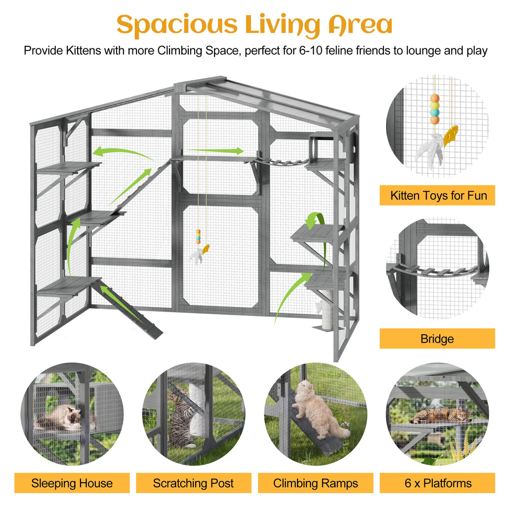 Large Outdoor Catio for Cats with Climbing Platforms - Pine