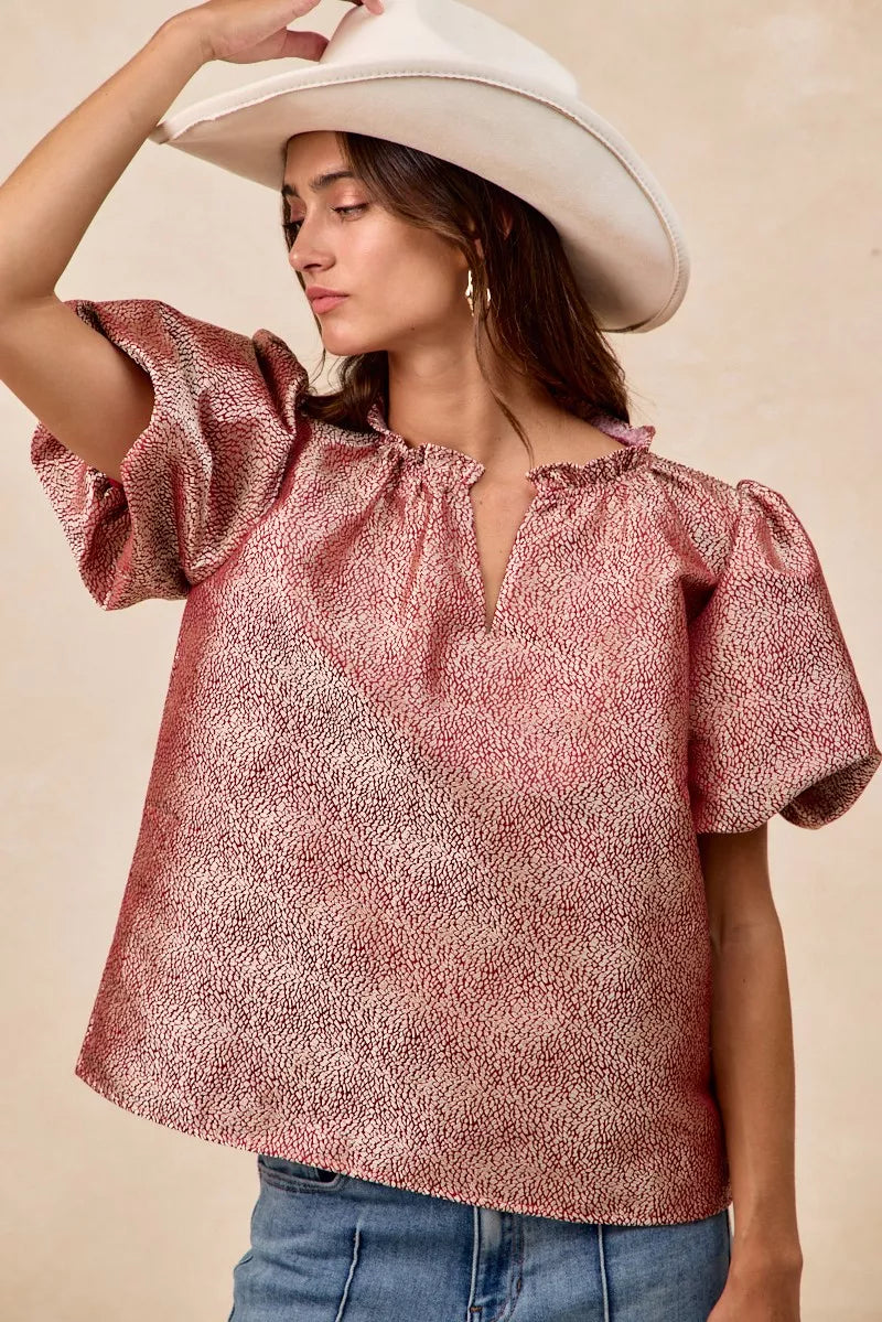 BiBi Jacquard Woven Short Balloon Sleeves V Neck Top