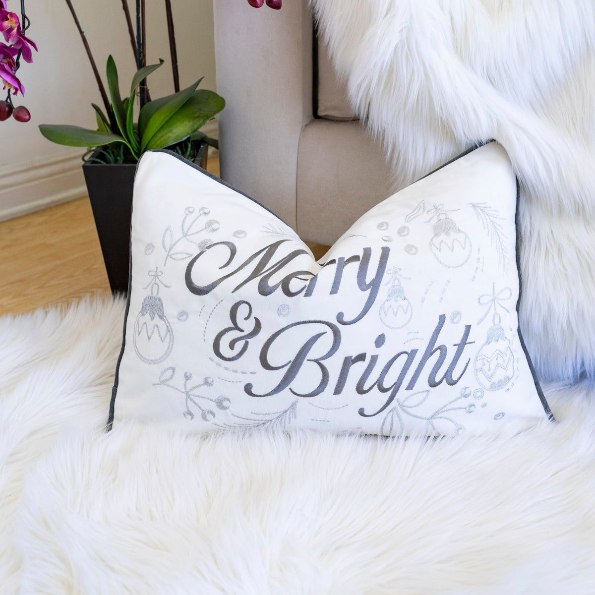 Merry & Bright Christmas Throw Pillow with Silver Embroidery - White+Silver
