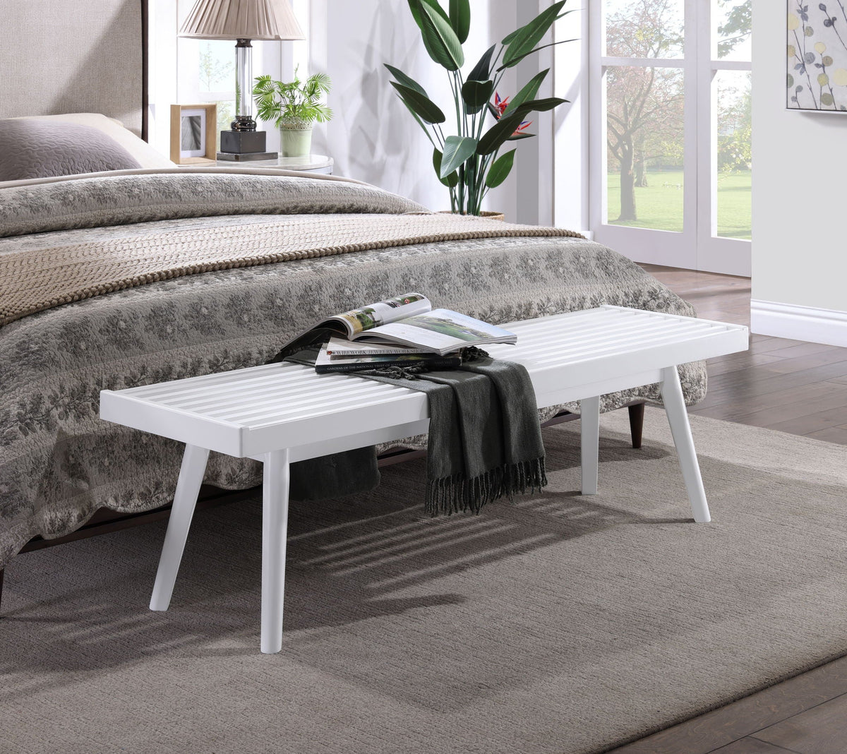Solid Wood Slatted Bench with Slatted Surface - White