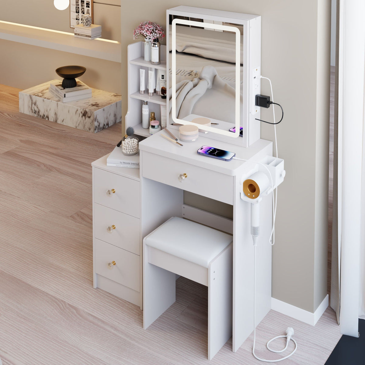 White Vanity Set with USB Power Station and Cushioned Stool