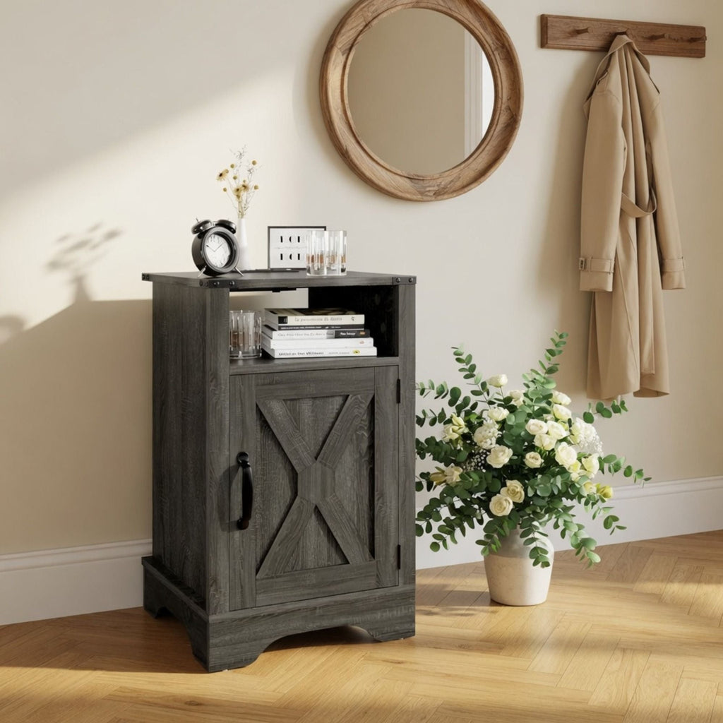 Farmhouse Nightstand with Charging Station & Storage - Multiple Colors