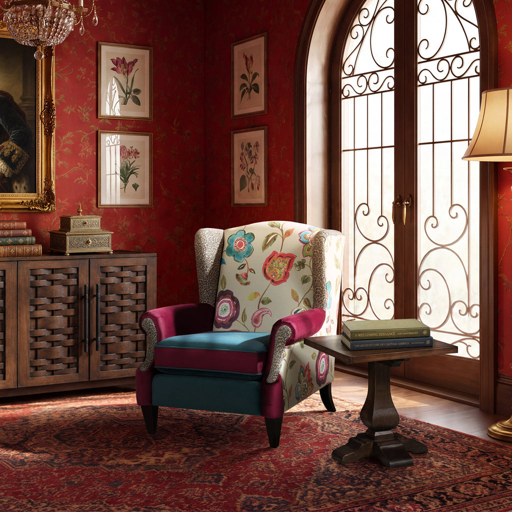 Anya Boho Chic Wingback Accent Arm Chair with Floral Print - Blue or Teal Multi