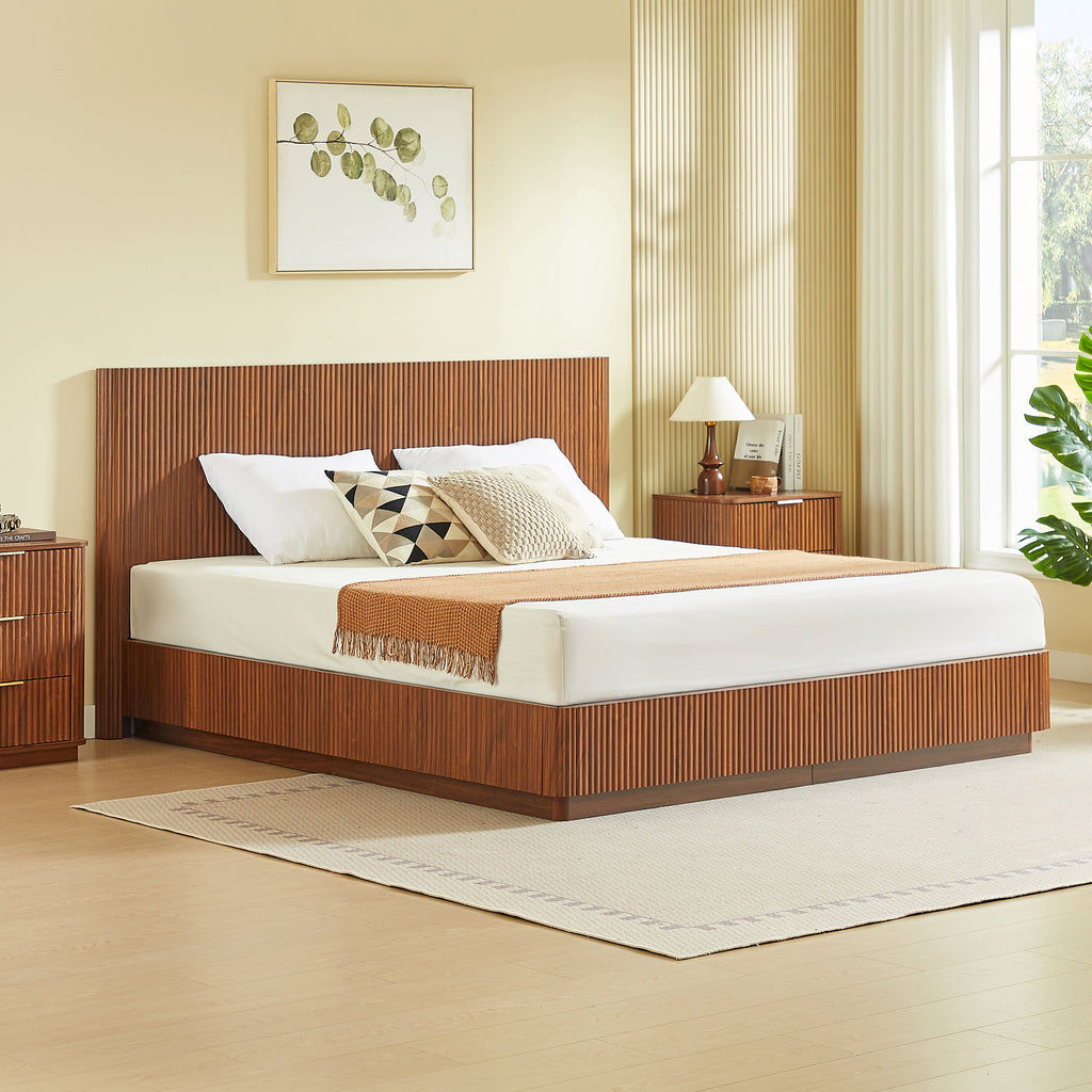 King Size Bed Frame with LED Lights - Walnut