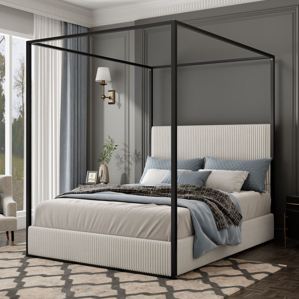 Canopy Bed With Tall Upholstered Headboard and Four Poster - White