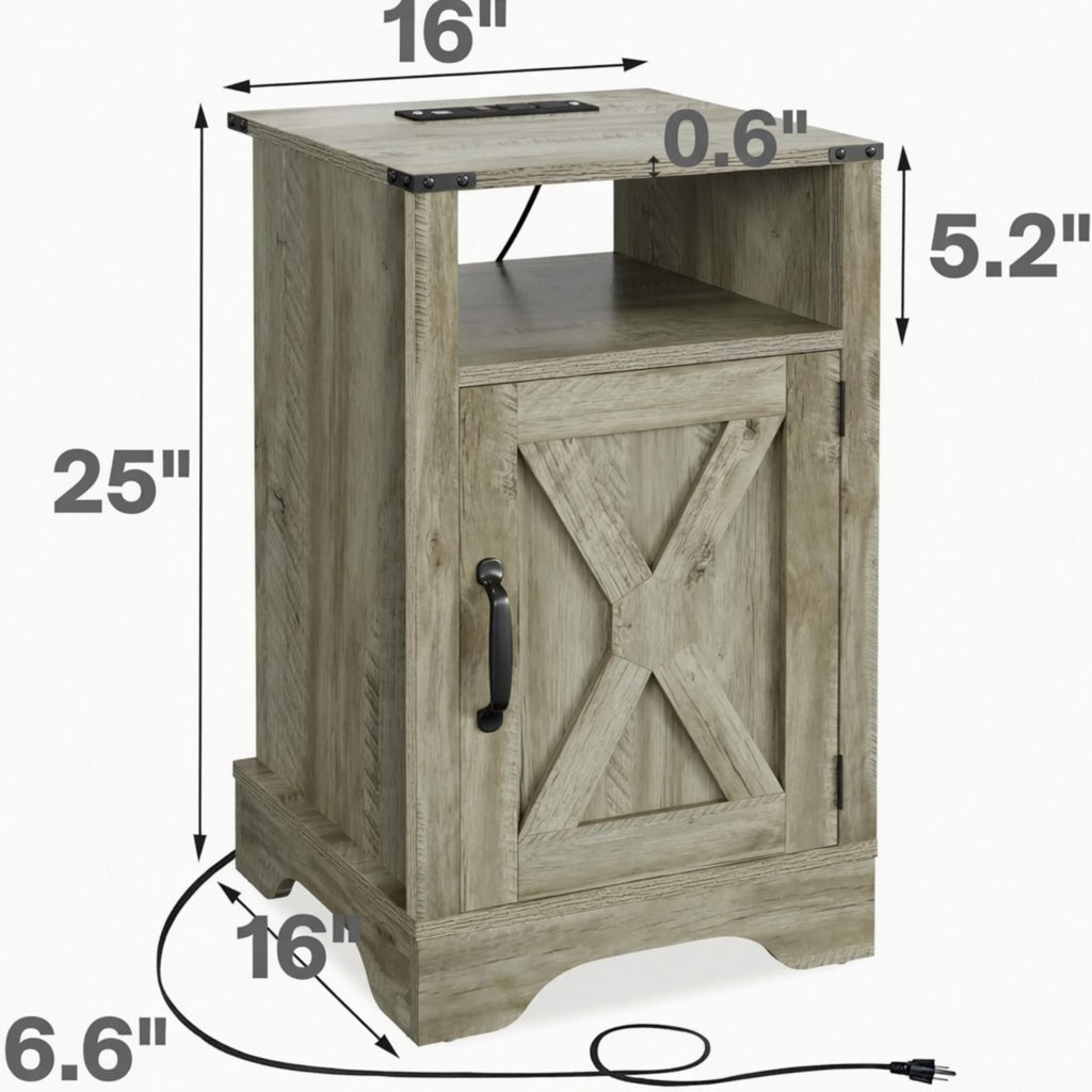 Farmhouse Nightstand with Charging Station & Storage - Multiple Colors