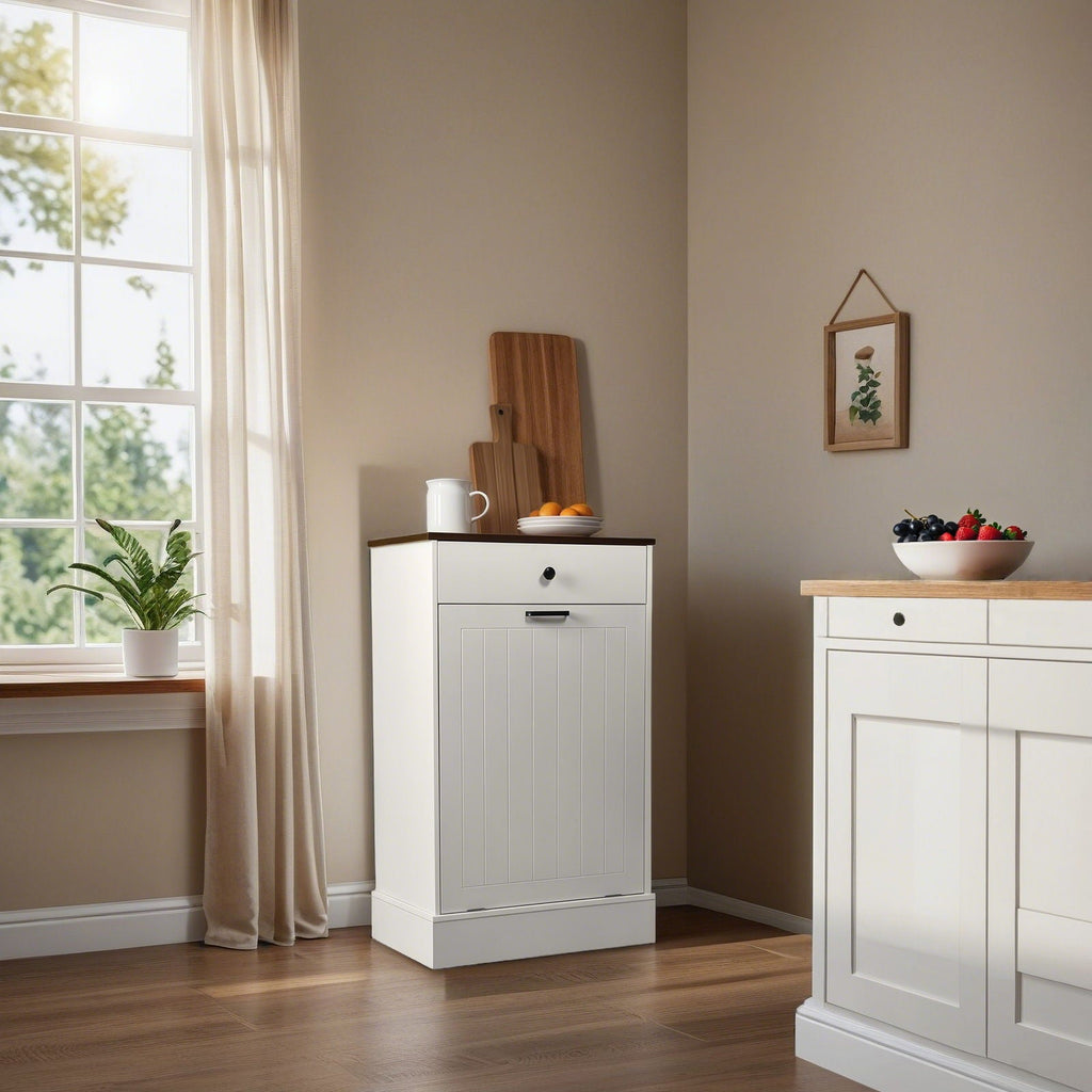 Tilt Out Trash Cabinet With Drawer, 10 Gallon Hamper - White