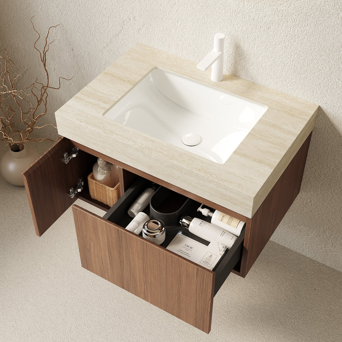 MURI 30" Bathroom Vanity with Sintered Stone Top & Ceramic Basin - Beige, White Oak or Brown Oak