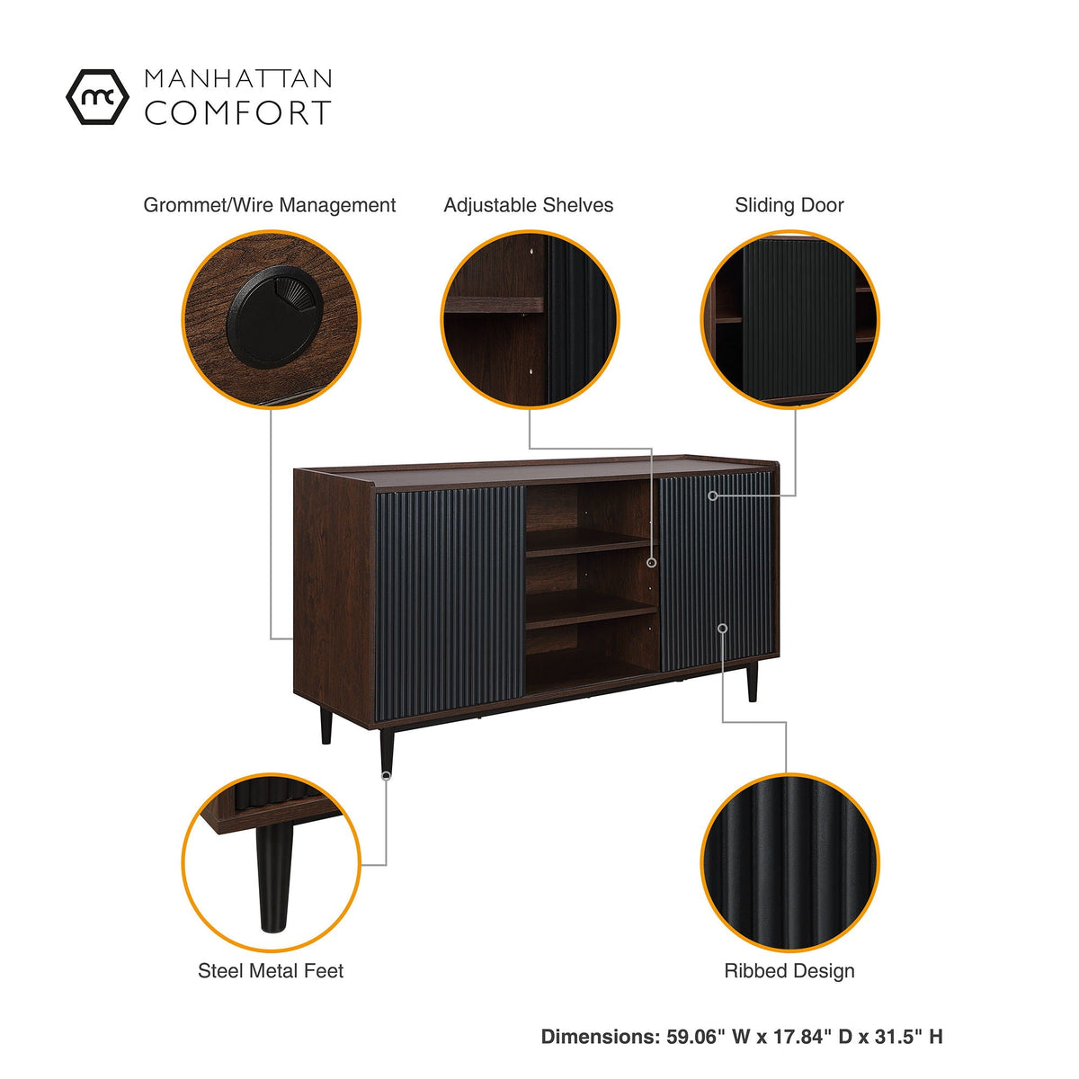 Fluted Sideboard with Adjustable Storage - Black or Blue