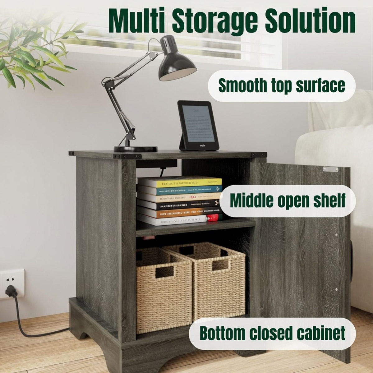 Farmhouse Nightstand with Charging Station & Storage - Multiple Colors