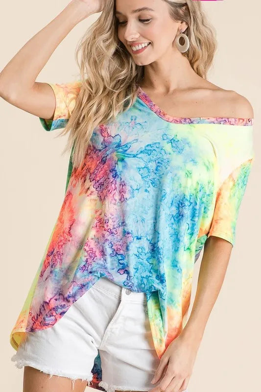BiBi  Tie Dye Print Jersey V Neck Top