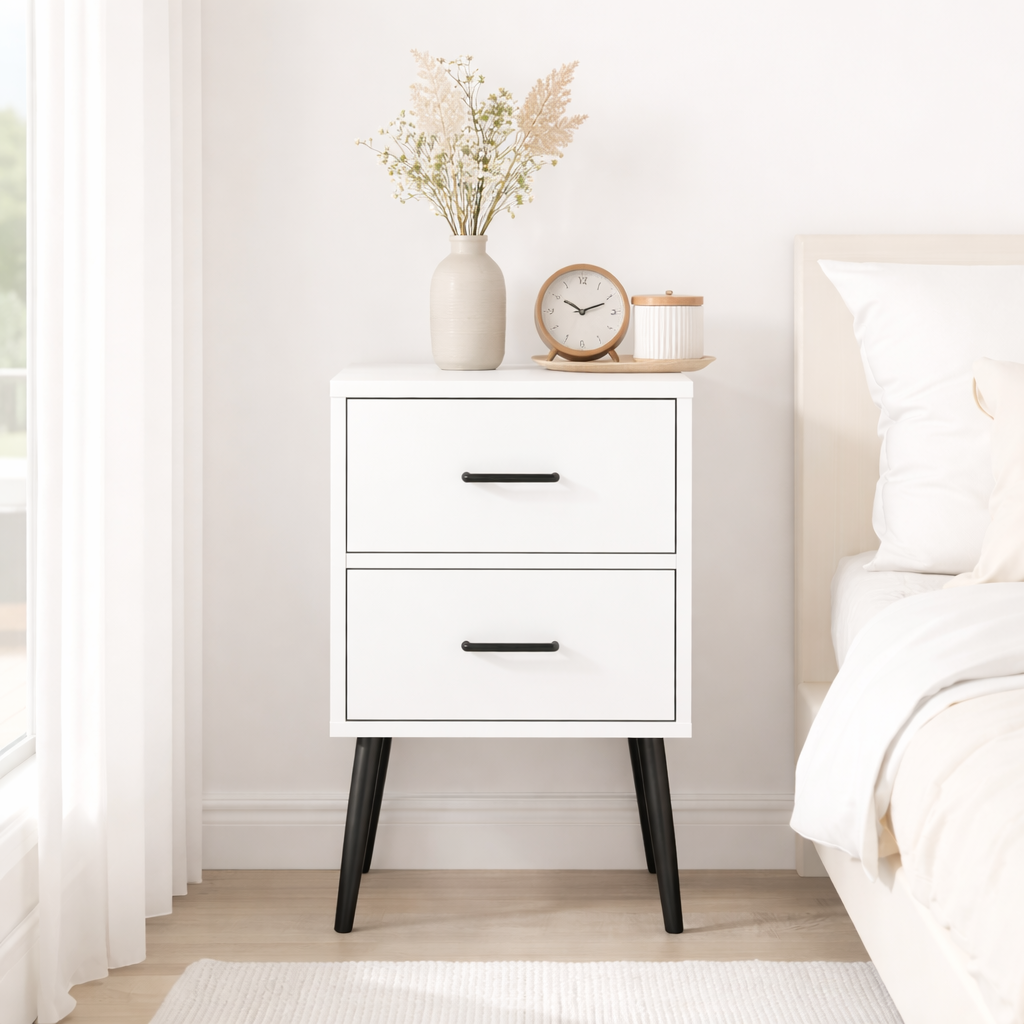 Modern 2-Drawer Nightstand with Metal Legs - White MDF