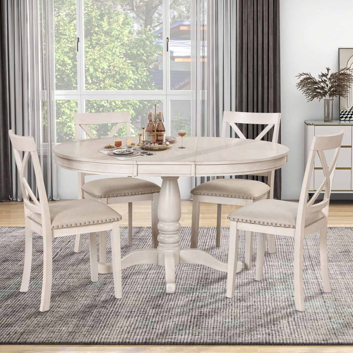 Modern Dining Table Set for 4 with Curved Back Chairs - Beige or Light Brown