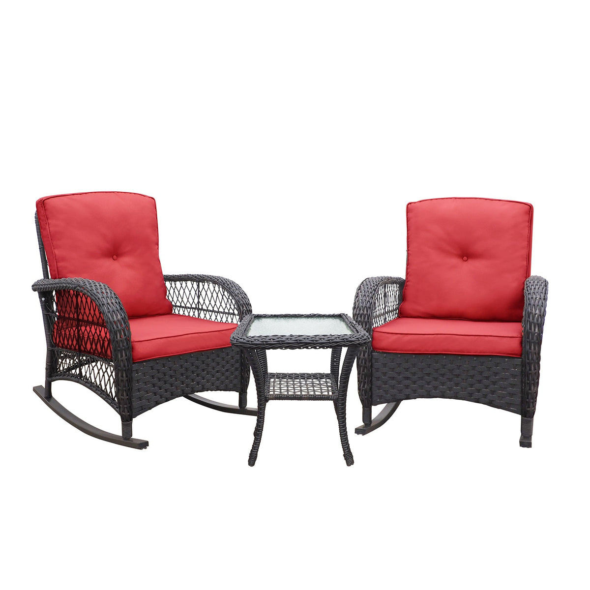 Outdoor Wicker Rocker Patio Bistro Set with Glass Top Table - Red